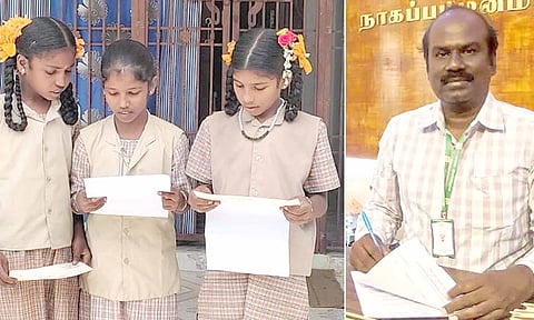 பேரூராட்சி செயல் அலுவலர் குகன் எழுதிய கடிதத்தை மகிழ்ச்சியுடன் படிக்கும் மாணவிகள்.