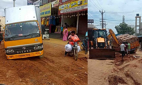 குண்டும் குழியுமான சாலையில் சென்ற வேன் பாதாள சாக்கடைக்காக தோண்டப்பட்ட குழியில் சிக்கி நிற்பதை படத்தில் காணலாம்.