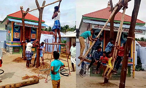ஊஞ்சல் கட்டி ஆடி மகிழ்ந்த காட்சி.