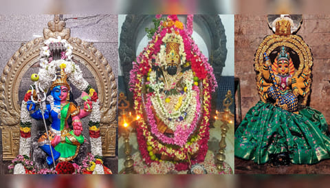 வேலூர் மகா மாரியம்மன் அர்த்தநாரீஸ்வரர் அலங்காரத்திலும், கோப்பணம் பாளையம் அங்காள பரமேஸ்வரி அம்மன் , பரமத்தி வேலூர் செல்லாண்டியம்மன் சிறப்பு அலங்காரத்திலும் அருள்பாலித்த காட்சி.