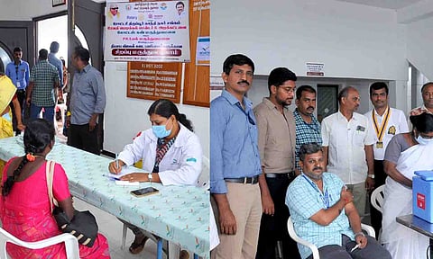 விற்பனையாளர்களுக்கு உடற்பரிசோதனை மருத்துவ முகாம் மற்றும் கொரோனா தடுப்பூசி செலுத்தப்பட்ட காட்சி.