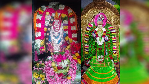 ராசிபுரம் இ.பி.காலனி வலம்புரி விநாயகர் கோவிலில் உள்ள துர்க்கை அம்மன் சிறப்பு அலங்காரத்திலும், கன்னிகா பரமேஸ்வரி அம்மன் வெற்றிலை அலங்காரத்திலும் அருள்பாலித்த காட்சி.