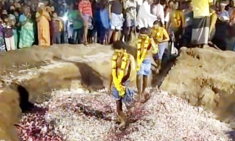 பூக்குழி இறங்கி நேர்த்திக்கடன் செலுத்திய கிராம மக்கள்.