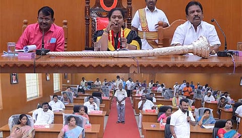 மாநகராட்சி கூட்டம் மேயர் இளமதி தலைமையில் நடைபெற்றது. அருகில் துணைமேயர் ராஜப்பா, ஆணையாளர் சிவசுப்பிரமணியன் மற்றும் உறுப்பினர்கள் உள்ளனர்.