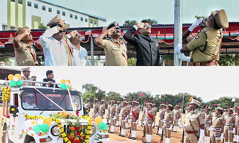 திருப்பூர் அரசு சிக்கண்ணா கல்லூரியில் நடைபெற்ற சுதந்திர தினவிழாவில் கலெக்டர் வினீத் தேசிய கொடியேற்றி மரியாதை செலுத்திய காட்சி. போலீசாரின் அணிவகுப்பு மரியாதையை கலெக்டர் வினீத் ஏற்றுக்கொண்ட காட்சி.