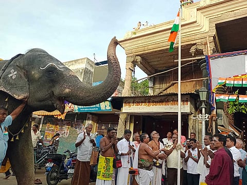 நெல்லையப்பர் கோவிலில் தேசியக்கொடி ஏற்றபட்ட காட்சி.