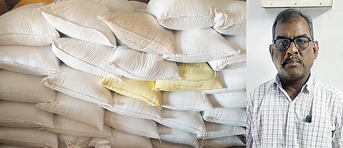 பறிமுதல் செய்யப்பட்ட ரேசன் அரிசி மூடைகளையும், கைதான சேவியரையும் படத்தில் காணலாம். 