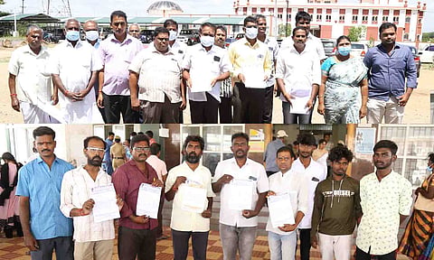 மனு கொடுக்க வந்த வீரபாண்டி பகுதி மக்கள். மக்கள் பாதுகாப்பு அமைப்பினர் மனு கொடுக்க வந்த காட்சி.