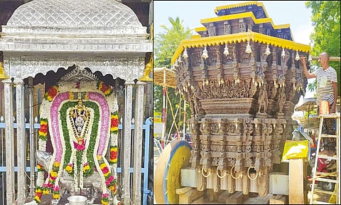 2 ஆண்டுகளுக்கு பின்னர் தேரோட்டம்: பிள்ளையார்பட்டி கோவில் தேருக்கு வர்ணம் பூசும் பணி தீவிரம்