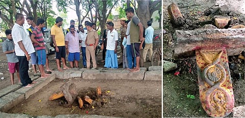 சம்பவ இடத்தில் போலீசார் விசாரணை நடத்திய காட்சி. (அடுத்த படம்) சேதப்படுத்தப்பட்ட அம்மன் சிலை கல்வெட்டு.
