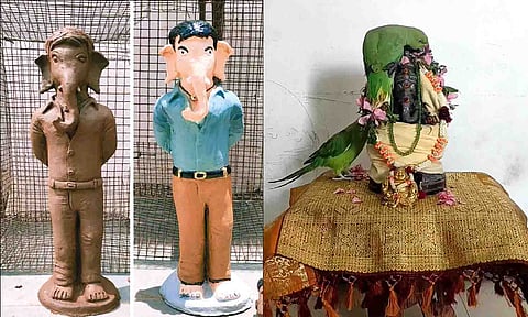 ஜெயிலர் சிலை. பூக்களை கிள்ளி விநாயகருக்கு அர்ச்சனை செய்த கிளிகள்.