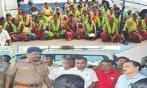 போராட்டத்தில் ஈடுபட்ட துப்புரவு பணியாளர்களையும், போலீசார், அதிகாரிகள் பேச்சுவார்த்தை நடத்தியதையும் படத்தில் காணலாம். 