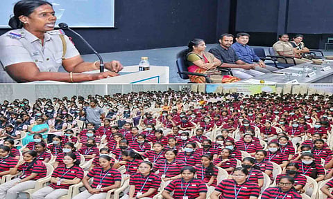 நிகழ்ச்சியில் சைபர் கிரைம் போலீஸ் இன்ஸ்பெக்டர் சொர்ணவள்ளி பேசிய காட்சி. 