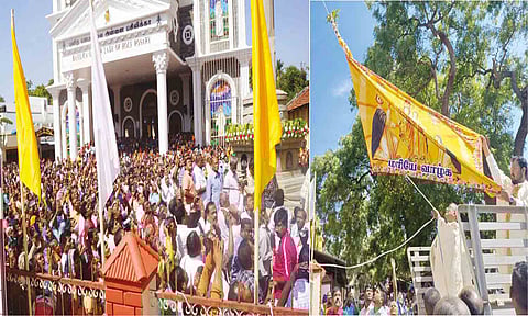 ஆலய வளாகத்தில் பங்குகுரு ஜான் ஆரோக்கியராஜ் ஸ்டீபன் கொடியேற்றி வைத்த போது எடுத்த படம்.