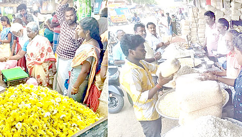 தஞ்சை பூச்சந்தையில் பூ மற்றும் பொறி உள்ளிட்ட பூஜை பொருட்கள் வாங்கும் பொதுமக்கள்.