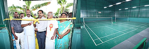 இறகு பந்து உள் விளையாட்டு அரங்கத்தை அமைச்சர் பெரியகருப்பன் திறந்து வைத்தார். அருகில் கலெக்டர் மதுசூதன்ரெட்டி, ஒக்கூர் ஊராட்சி மன்ற தலைவர் பூமா அருணாசலம் மற்றும் பலர் உள்ளனர்.