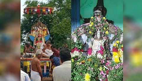 எடப்பாடி அருகே குரும்பபட்டி ரெட்டிபட்டி கிருஷ்ண பெருமாள் கோவிலில் புரட்டாசி திருவிழாவையொட்டி சாமி தேவி, பூதேவி சிறப்பு அலங்காரத்தில் கருட வாகனத்தில் திருவீதியுலா வந்த காட்சி.