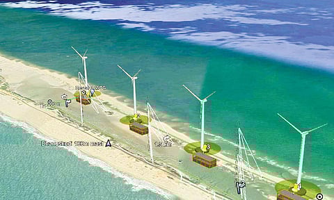 தனுஷ்கோடி கடற்கரையில் அமையும் காற்றாலைகளுக்கான மாதிரி படம்.