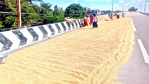 நெல் உலர வைக்கும் பணியில் விவசாயிகள்.