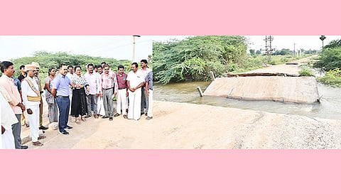 தொடர் மழையால் அடித்து செல்லப்பட்ட வயல்சேரி- கரிசல்குளம் பாலத்தை கலெக்டர் மதுசூதன்ரெட்டி பார்வையிட்டு ஆய்வு செய்தார்.