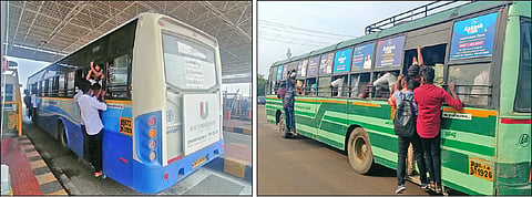 கயத்தாறில் இருந்து நெல்லைக்கு சென்ற பஸ்சில் படிக்கட்டில் பயணிக்கும் மாணவர்கள்.