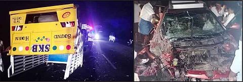 மினிவேன் கவிழ்ந்து கிடப்பதையும், சேதமடைந்த காரையும் காணலாம்.