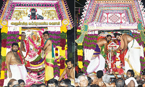 குமரவிடங்க பெருமானுக்கும், தெய்வானை அம்பாளுக்கும் தோள்மாலை மாற்றும் நிகழ்ச்சி.