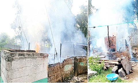 வேலூர் அடுத்த பெருமுகையில் தீப்பிடித்து எரிந்த குடிசை வீடு.