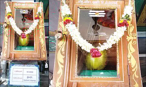 சிவன்மலை கோவில் ஆண்டவன் உத்தரவு பெட்டியில் இளநீர், தென்னை ஈக்குமாறு வைத்து பூஜை