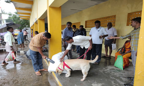 விக்கிரவாண்டி ெரயில் நிலையம், பஸ் நிலையம் பகுதியில் மோப்பநாய் உதவியுடன் வெடிகுண்டு சோதனை நடந்தது.