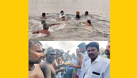 பெரிய கண்மாய் நிரம்பியதால் பாரம்பரிய முறைப்படி வழிபாடு செய்த கிராம மக்கள். 