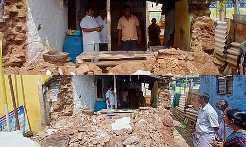 திருமுருகன் பூண்டி நகராட்சித் தலைவர் மழையால் இடிந்த வீட்டை ஆய்வு செய்த காட்சி.
