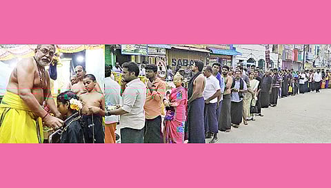 மதுரை மேலமாசி வீதி ஆனந்த அய்யப்பன் கோவிலில் பக்தர்களுக்கு மாலை அணிவிக்கப்பட்டதையும், மாலை அணிவதற்காக பக்தர்கள் நீண்ட வரிசையில் காத்து நின்றதையும் படத்தில் காணலாம்.