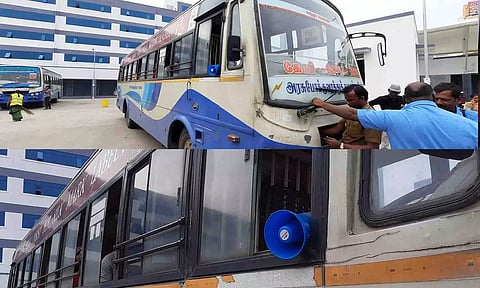 ஒலிபெருக்கி மூலம் பயணிகளை அழைக்கும் அரசு பஸ் கண்டக்டர்