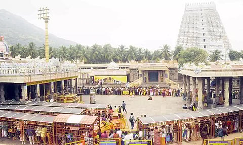 திருவண்ணாமலை அருணாசலேஸ்வரர் கோவிலில் தரிசனத்திற்காக நீண்ட வரிசையில் காத்திருந்த பக்தர்களை படத்தில் காணலாம்