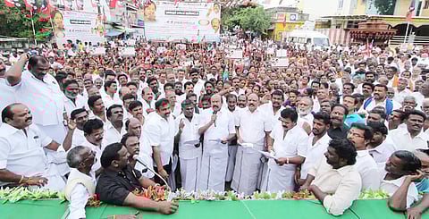 திருப்பரங்குன்றத்தில் அமைப்பு செயலாளர் ராஜன் செல்லப்பா தலைமையில் ஆர்ப்பாட்டம் நடந்தது. அருகில் இளைஞரணி மாவட்ட செயலாளர் வக்கீல் ரமேஷ், ஒன்றிய செயலாளர் நிலையூர் முருகன் மற்றும் பலர் உள்ளனர்.