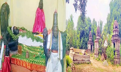 கோவிலில் உள்ள அரங்கநாத பெருமாள், கோவில் சிதைந்ததில் மீதமுள்ள கருவறை மண்டபங்கள்.