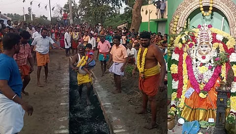 பக்தர் ஒருவர் குழந்தையுடன் தீக்குண்டத்தில் இறங்குவதையும், பகவதி அம்மன் சிறப்பு அலங்காரத்தில் அருள்பாலிப்பதையும் படத்தில் காணலாம்.