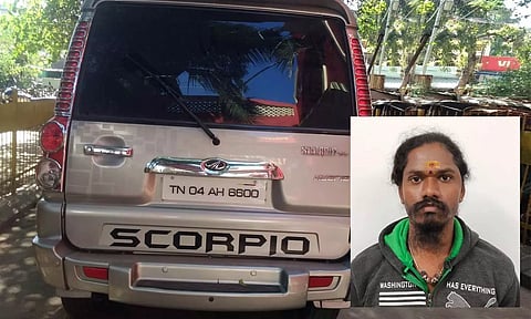 பறிமுதல் செய்யப்பட்ட கார். கூலிப்படை தலைவன் காசி.