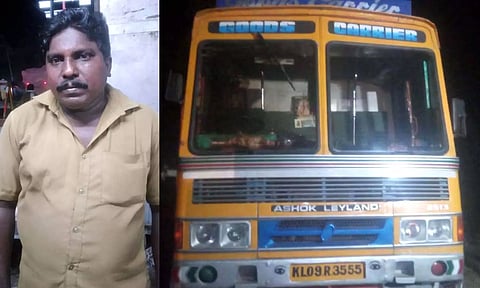 கைது செய்யப்பட்ட டிரைவர் சந்தோஷ்குமாரையும், பறிமுதல் செய்த லாரியையும் படத்தில் காணலாம்.