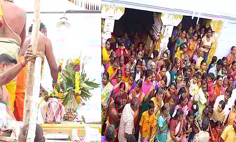 கும்பாபிஷேக விழாவில் கலசத்திற்கு புனிதநீர் ஊற்றுவதையும், திரளாக கலந்து கொண்ட பக்தர்களையும் படத்தில் காணலாம்.