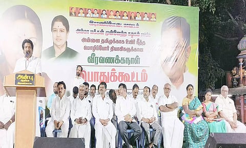 ராணிப்பேட்டை முத்துக்கடையில் அ.ம.மு.க. சார்பில் மொழிப்போர் தியாகிகளின் வீரவணக்க நாள் பொதுக்கூட்டத்தில் மாவட்ட செயலாளர் என்.ஜி.பார்த்திபன் பேசிய போது எடுத்த படம்.