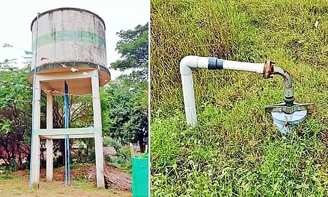 மேல்நிலை நீர்தேக்க தொட்டி மற்றும் பைப்.