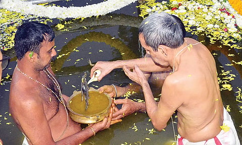 நாகராஜா கோவில் தெப்பகுளத்தில் சாமிக்கு ஆராட்டு விழா நடந்தபோது எடுத்த படம் 