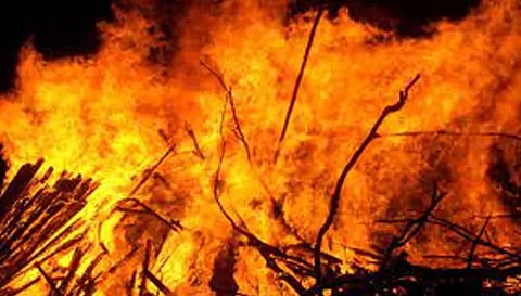 கபிலர்மலை அருகே குடிசை வீடு தீப்பிடித்து எரிந்தது