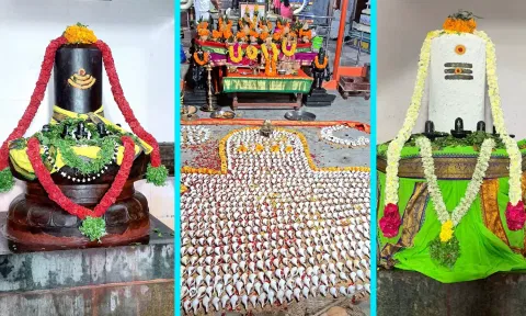 விழாவில் லிங்க வடிவில் வைக்கப்பட்டிருந்த சங்குகளை படத்தில் காணலாம்.