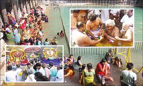 கபிலத்தீர்த்தத்தில் பக்தர்கள் புனித நீராடிய காட்சி (உள்படம்:திரிசூல ஸ்நானம் நடந்தபோது எடுத்தபடம்).