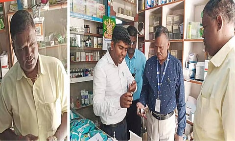 கைது செய்யப்பட்ட சுப்பிரமணி. மருந்து கடையில் மருத்துவ இணை இயக்குனர் மாரிமுத்து ஆய்வு செய்தபோது எடுத்த படம்