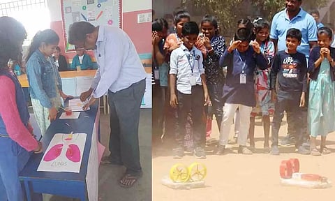 கண்காட்சியில் மாணவர்கள் புதிய கண்டுபிடிப்புகளை அறிமுகப்படுத்திய காட்சி.