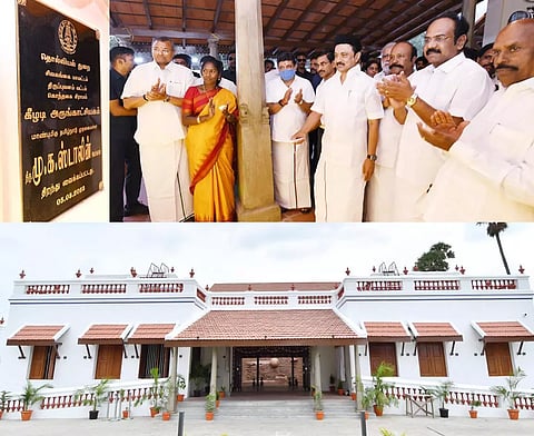 கீழடியில் அமைக்கப்பட்ட அருங்காட்சியகத்தை முதல்-அமைச்சர் மு.க.ஸ்டாலின் திறந்து வைத்தார். அருகில் அமைச்சர்கள் பெரியகருப்பன், தங்கம்தென்னரசு, எ.வ.வேலு, ஐ.பெரியசாமி, பழனிவேல்தியாகராஜன், கார்த்தி சிதம்பரம் எம்.பி., தமிழரசி எம்.எல்.ஏ. மற்றும் பலர் உள்ளனர்.